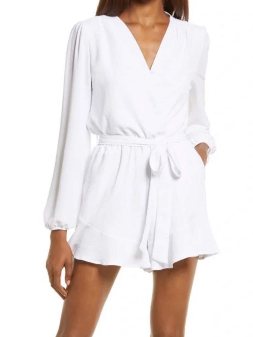 White Long-Sleeve Wrap Romper with Belt
